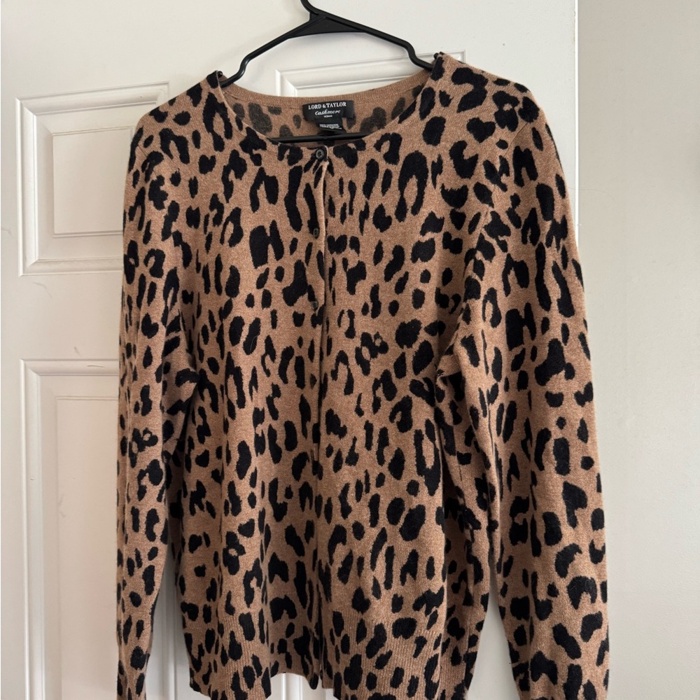 Lord & Taylor Leopard Print Cashmere Sweater - Tan and Black